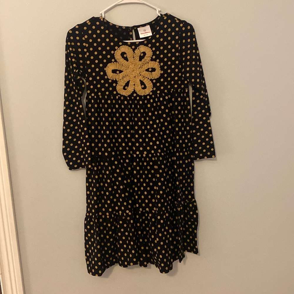 Hanna Andersson size 10 tiered dress.Black w/ gold tulle flower and gold dots.